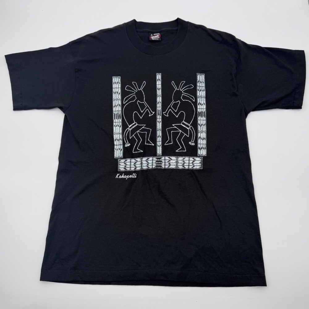 Vintage Fruit of the Loom USA Kokopelli T-Shirt Black Mens Large Single Stitch